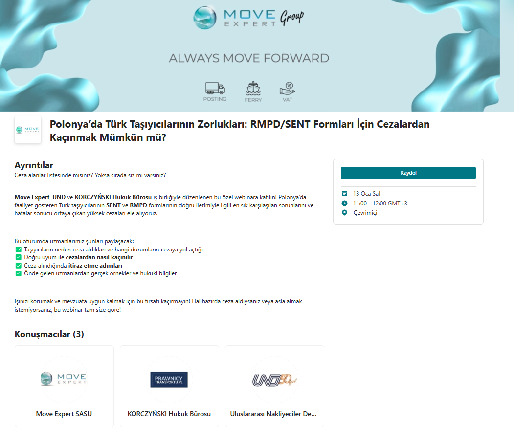 UND - Move Expert – Korczynski Hukuk Bürosu İşbirliğiyle Polonya’da Türk Taşıyıcıların Zorlukları, RMPD/SENT Uygulamaları Webinarı