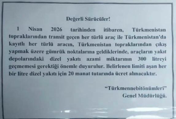 Türkmenistan’dan Transit Taşımacılığa Akaryakıt Kısıtlaması Hakkında